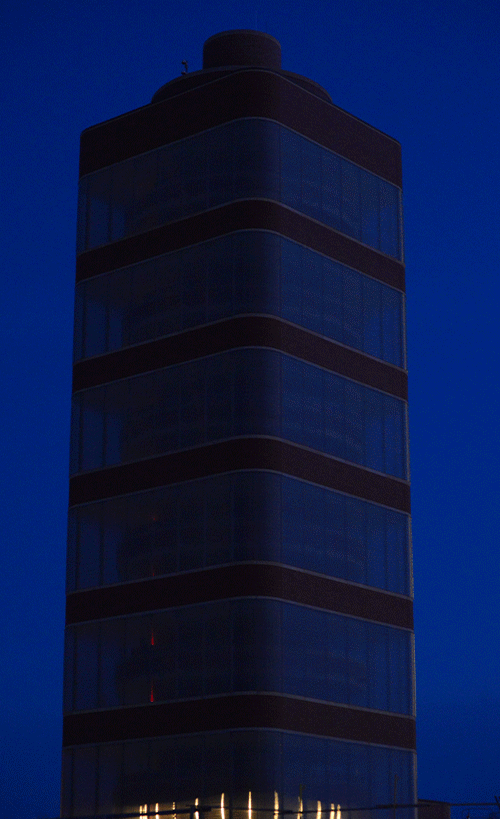 Animated image of the SC Johnson Research Tower interior lighting being switched on