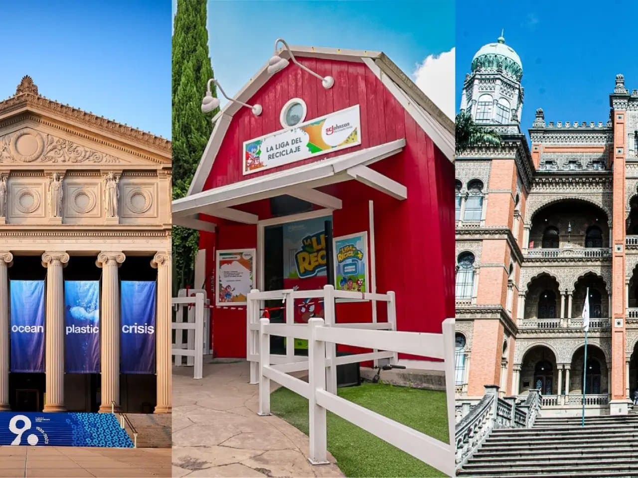 A three-part image features: 1) An ancient-style building with columns and banners reading "ocean plastic crisis." 2) A red barn with a sign, "La Liga del Reciclaje." 3) A grand, ornate building with arches.