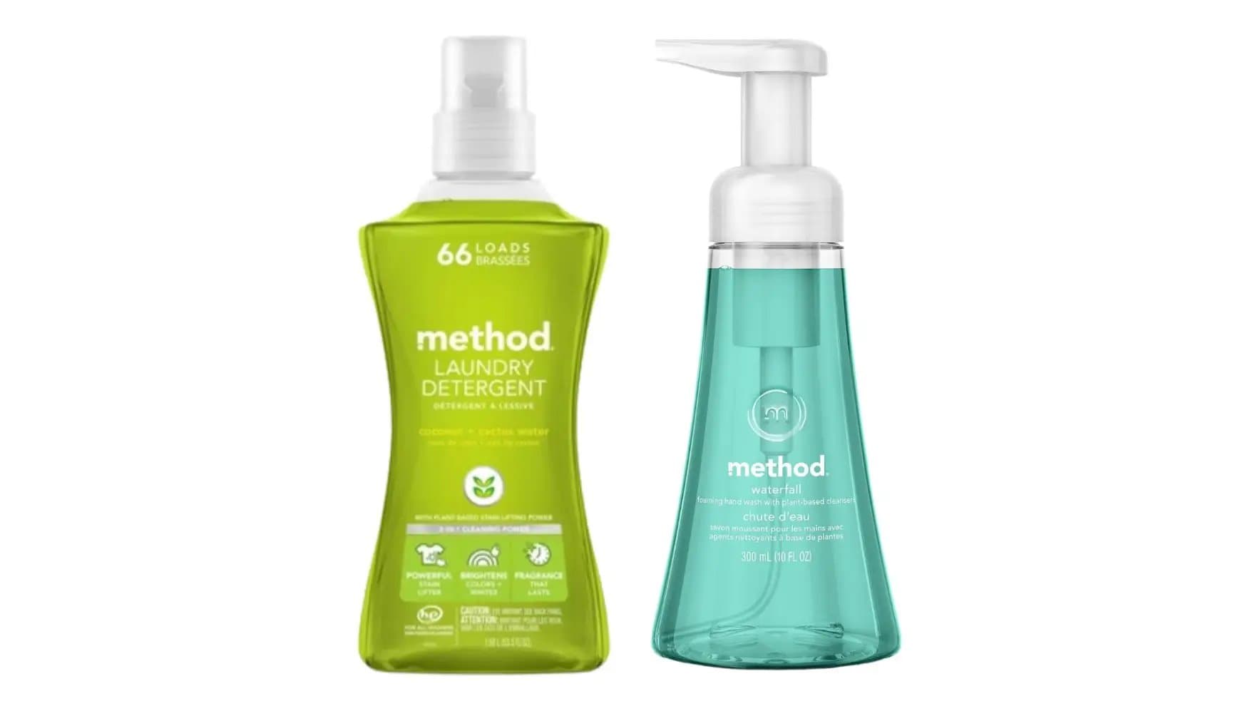 Green bottle of Method laundry detergent and turquoise bottle of Method foaming hand wash. Detergent text: "66 loads, coconut + cactus water." Hand wash text: "waterfall, 300 mL (10 fl oz)." White background.