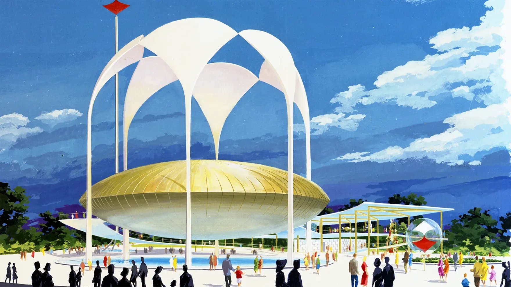 A futuristic pavilion with a gold, saucer-like structure is elevated by white arches. People walk around the pavilion, surrounded by greenery and a clear blue sky.