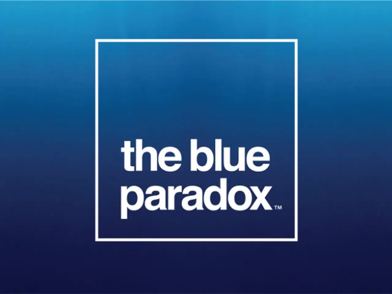 A square white-bordered logo features the words "the blue paradox" in lowercase, set against a gradient blue background fading from dark to light.
