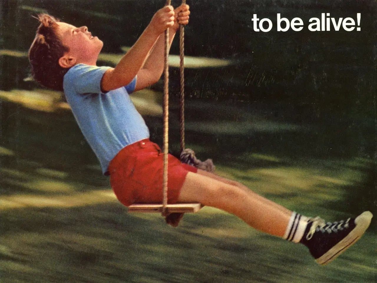 A young boy on a swing leans back joyfully, wearing a blue shirt and red shorts. The background shows motion blur of greenery. Text reads, "to be alive!"