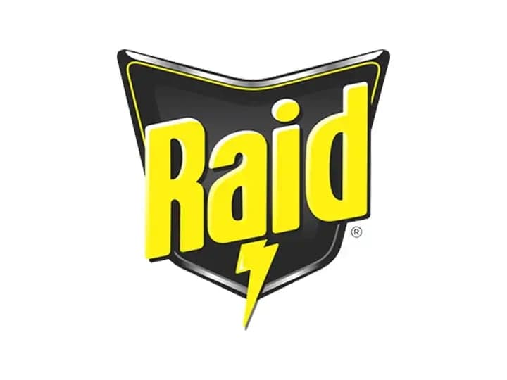 Logo features the bold yellow word "Raid" with a lightning bolt below, positioned on a shield-shaped black background, suggesting a protective and aggressive theme.