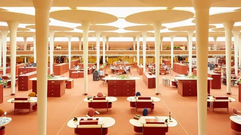 Rows of desks are neatly arranged in an open-plan office space with columns extending to the ceiling, creating a spacious atmosphere. The setting is well-lit and organized.