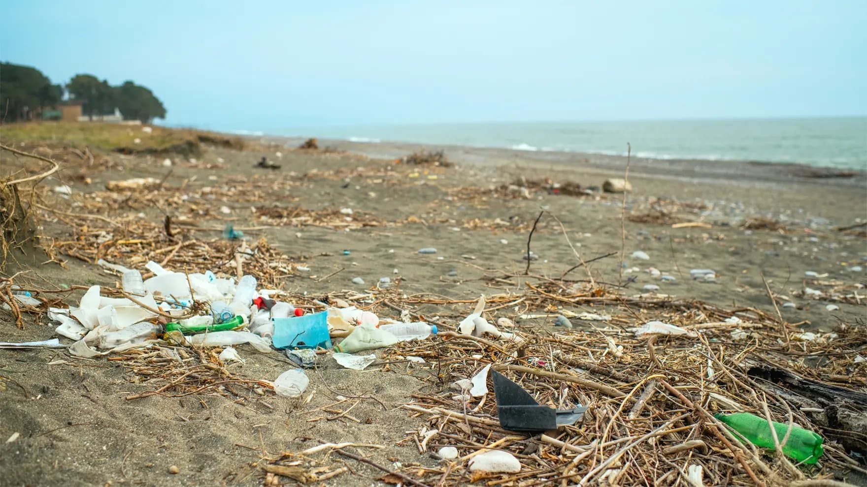 Litter clutters a beach, with plastic bottles and debris scattered across the sand, against the backdrop of a cloudy sky and distant ocean waves.