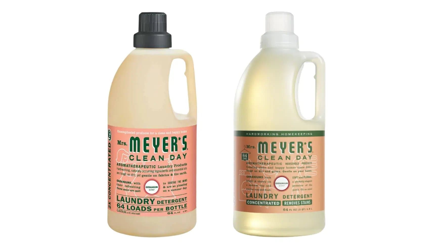 Two bottles of Mrs. Meyer's Clean Day laundry detergent sit side by side. The left bottle claims "64 loads per bottle" with "2X concentrated" and geranium scent. The right bottle states "concentrated, removes stains" also with geranium scent, emphasizing "hardworking homekeeping." Both have handle grips for easy use.