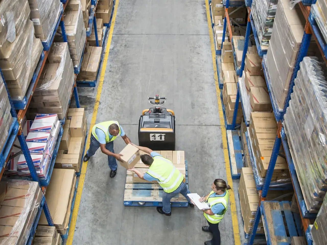 Workers in high-visibility vests load boxes onto a pallet in a warehouse aisle, surrounded by tall shelves stacked with packaged goods. An electric pallet jack is positioned nearby.