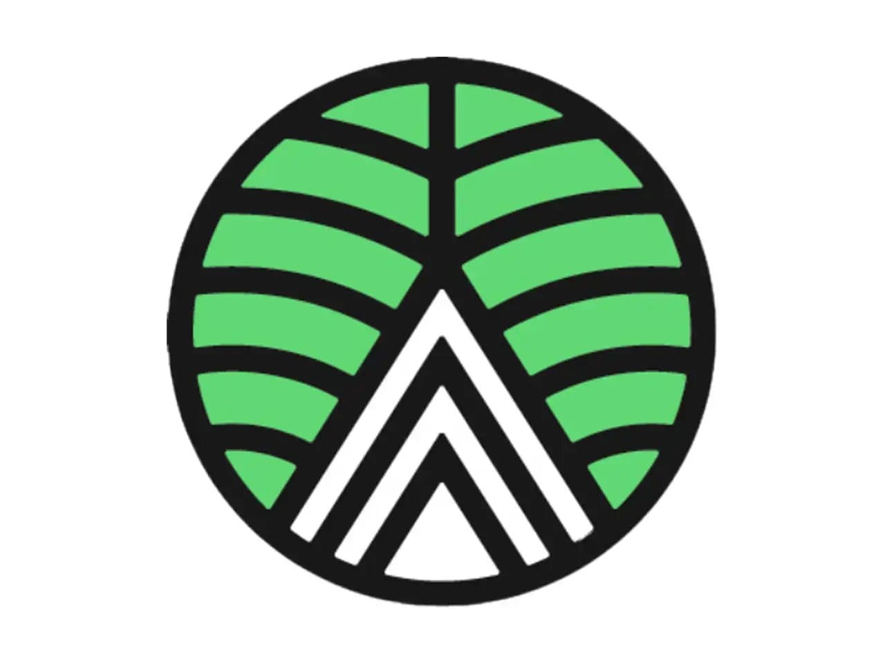 A green and black circular logo features stylized leaf patterns with a central triangular shape resembling mountains, set against a white background.