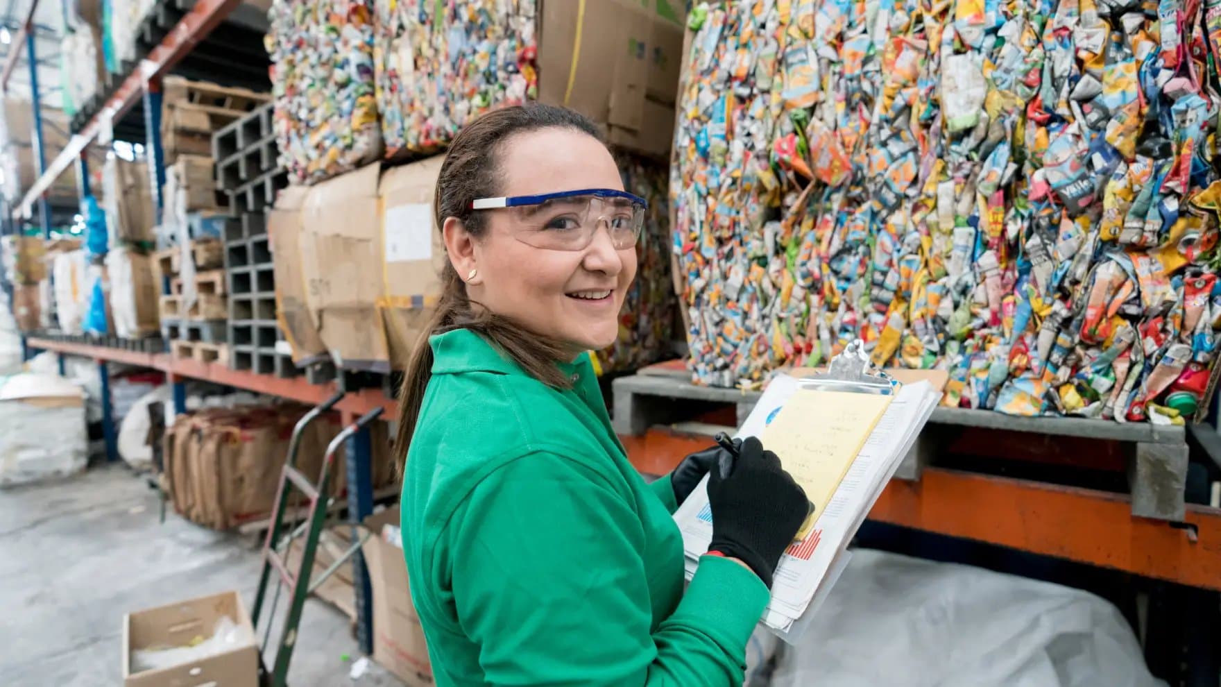 A person wearing protective goggles and gloves writes on a clipboard, standing in a warehouse filled with large bundles of compressed recyclables and boxes.