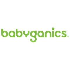 Green text logo reads "babyganics" on a white background, using lowercase, rounded letters, conveying a playful and friendly brand image.