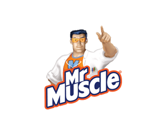 A muscular cartoon character, wearing a lab coat and orange glasses, points forward confidently. Text reads "Mr Muscle" over an orange background, emphasizing strength in cleaning products.