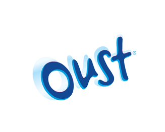 The word "Oust" is written in bold blue lettering with a white outline, slightly tilted, on a plain background.