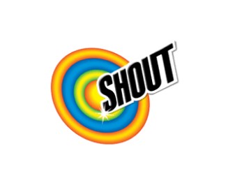 The logo features the word "SHOUT" in bold black letters, angled across vibrant concentric circles in orange, yellow, green, and blue, set against a plain white background.