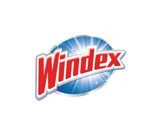 The Windex logo, featuring bold red lettering on a blue, sparkling oval background with white star-like accents, symbolizes cleanliness and shine.