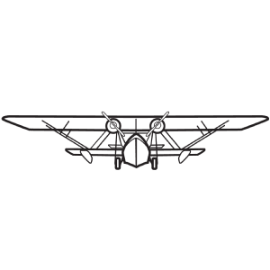 A vintage propeller airplane with two engines faces forward, wings outstretched. It's illustrated in black and white, appearing as a technical drawing, with no surrounding environment.