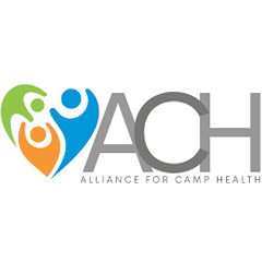 Three stylized figures in green, blue, and orange form a heart shape next to the large gray letters "ACH." Below, the text reads "ALLIANCE FOR CAMP HEALTH" on a white background.