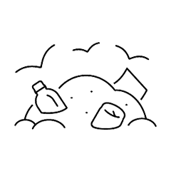 A mound of litter, including a bottle and a can, rests against a backdrop of cloud-like shapes, illustrating environmental pollution.