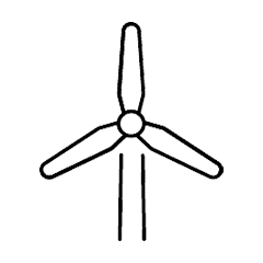 A three-bladed wind turbine silhouette with lines extending downward, suggesting movement or energy, set against a plain white background.