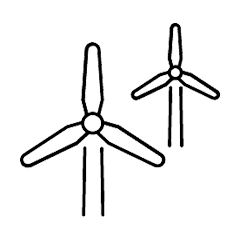Two wind turbines with three blades each, positioned at different heights, spin in an open, minimalistic design.