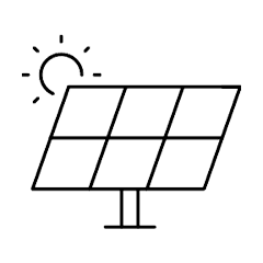 A solar panel icon under a sun symbol, featuring a grid pattern, stands on a simple base, representing solar energy collection. The backdrop is plain, focusing attention on the symbols.