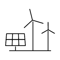 A solar panel and two wind turbines stand upright, generating energy. The wind turbines have three blades each, and all elements are depicted using simple black lines on a white background.