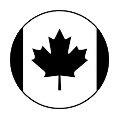 A black maple leaf is centered within a circle, flanked by two vertical black bars, resembling the stylized design of the Canadian flag.