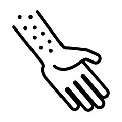 A hand releases small, round particles downward in a simple, minimalist design, indicating a motion of sprinkling or dispersing, against a plain background.