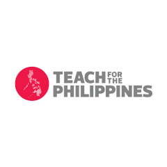 Red circle contains a white silhouette map of the Philippines. The text "TEACH FOR THE PHILIPPINES" appears in bold gray letters to the right, emphasizing education in the country.