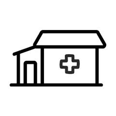 A simple line drawing depicts a building with a cross on the front, representing a hospital or clinic, against a plain white background.