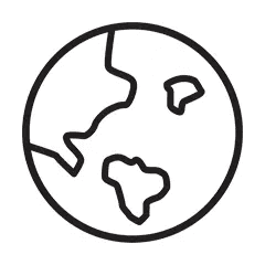 A simple black and white line drawing of Earth, showing continents in an abstract form, enclosed within a circular outline, symbolizing the globe in a minimalistic style.