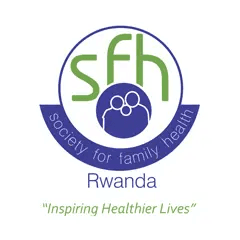 Logo with letters "sfh" in green, above blue circle containing a family icon. Banner reads "Society for family health," with "Rwanda" below. Slogan: "Inspiring Healthier Lives."