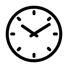 A simple black and white analog clock shows 10:10, with bold hour markers, set against a plain white background.