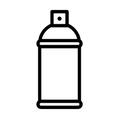A monochrome line drawing depicts a spray can with a nozzle. The can is upright, centered on a plain white background, suggesting simplicity and functionality.